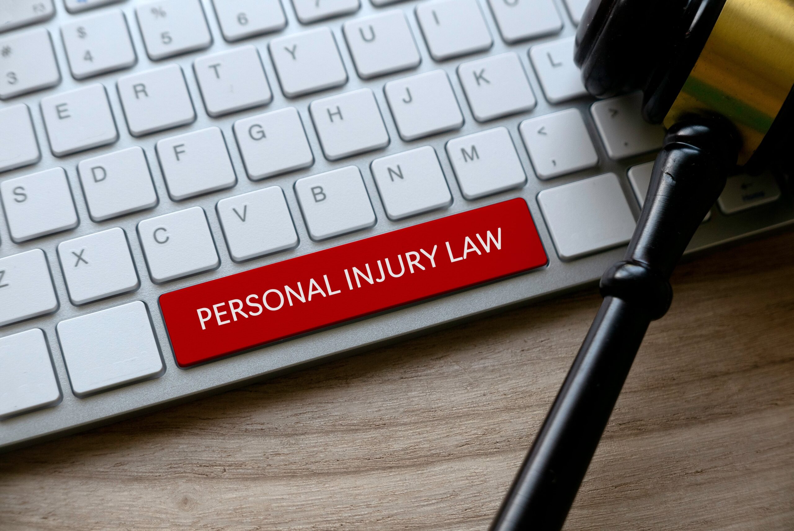 Keyboard with red 'Personal Injury Law' key and gavel symbolizing legal action.